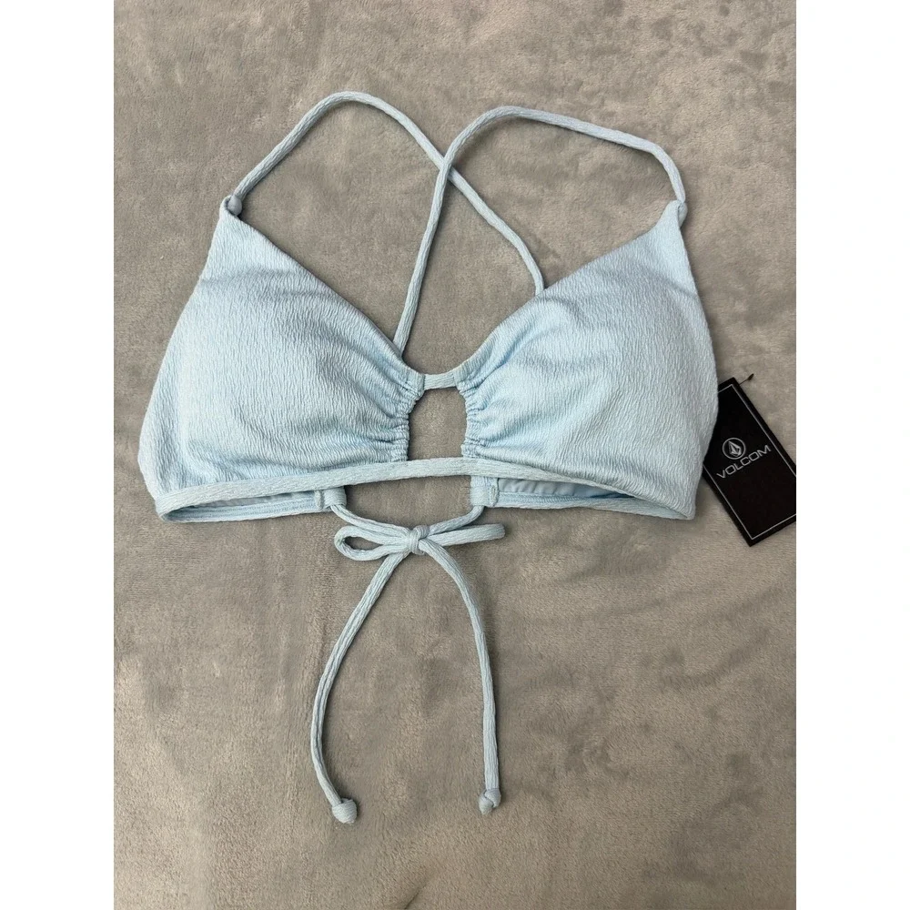 NWT Volcom Bikini Top Women Blue Pucker Up X Back Halter L $50